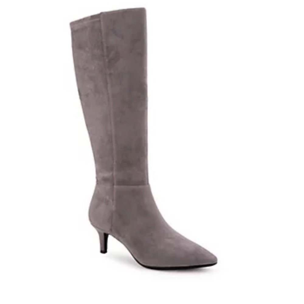 Aerosole Epic Suede Gray Knee-High Pointed-Toe Kitten Heel Boots